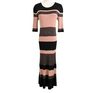 MASSIMO DUTTI BLACK BRONZE GOLD PINK METALLIC STRIPED MIDI RIBBED KNIT DRESS - L